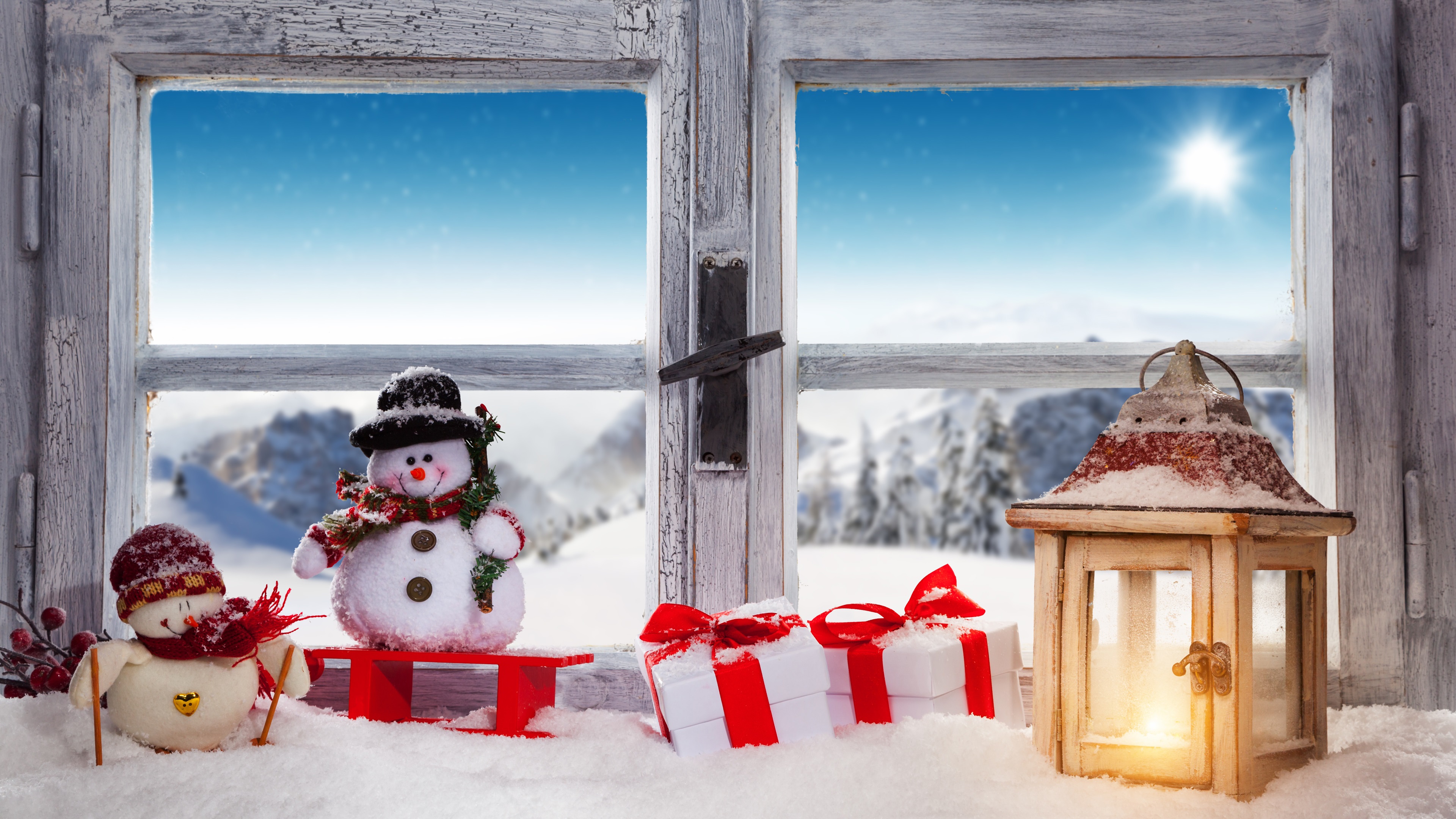 Wallpaper Christmas snowman snow window lamp gift 3840x2160 3840x2160