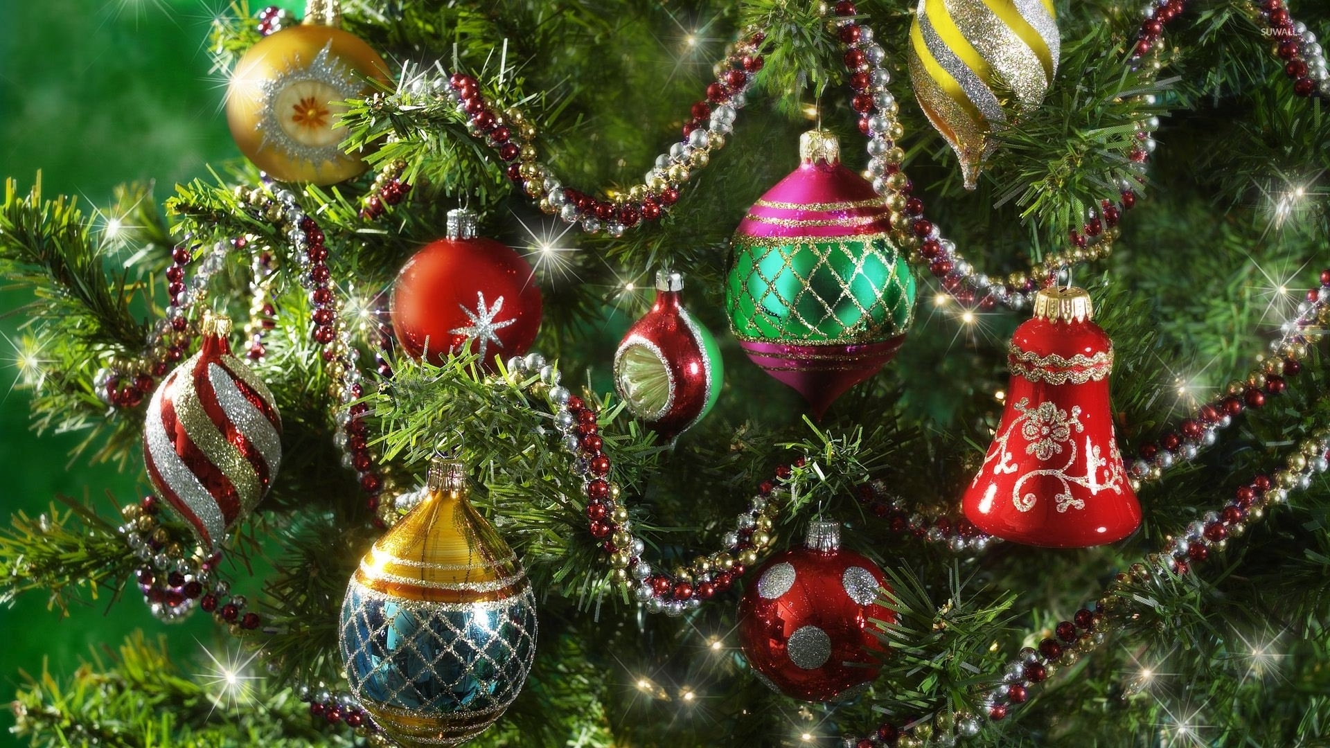 Christmas Ornaments On Tree Full HD Wallpaper And
