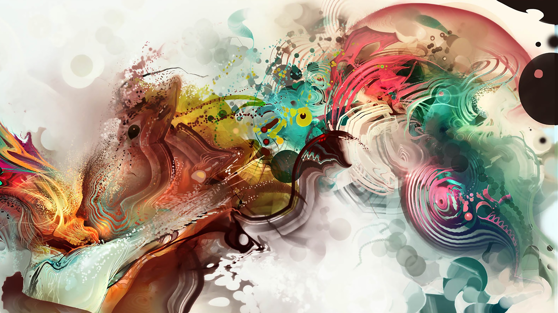 A vibrant and dynamic abstract computer background with swirling colors, fluid shapes, and digital textures