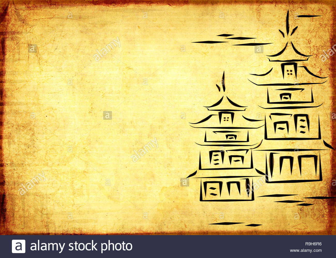 Grunge Eastern Background With Ancient Japanese Houses Stock Photo