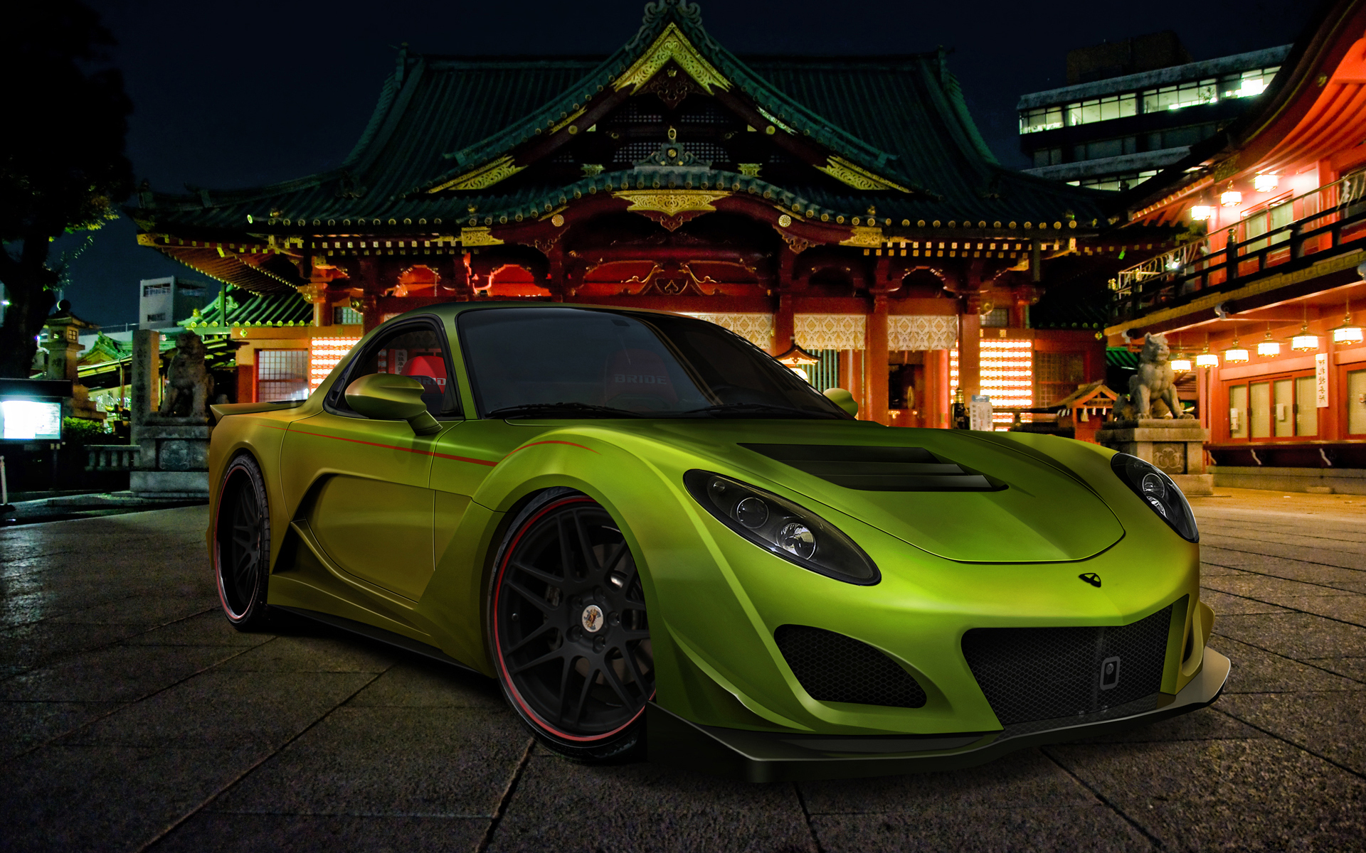 A lime green sports car parked in front of a traditional Japanese temple at night, showcasing a cool and vibrant wallpaper