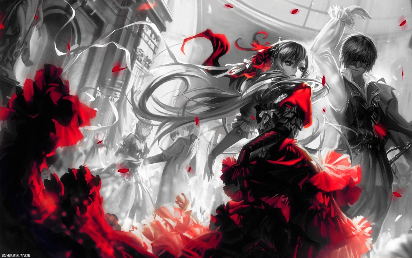 Red Dress Monochrome Anime Girls Wallpaper