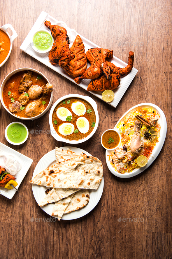 Group of assorted Indian Non Vegetarian food recipes Stock Photo