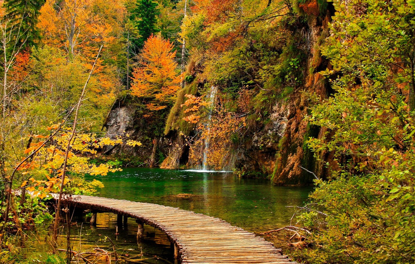 Wallpaper Waterfall Bridges Croatia Plitvice Lakes Autumn Park