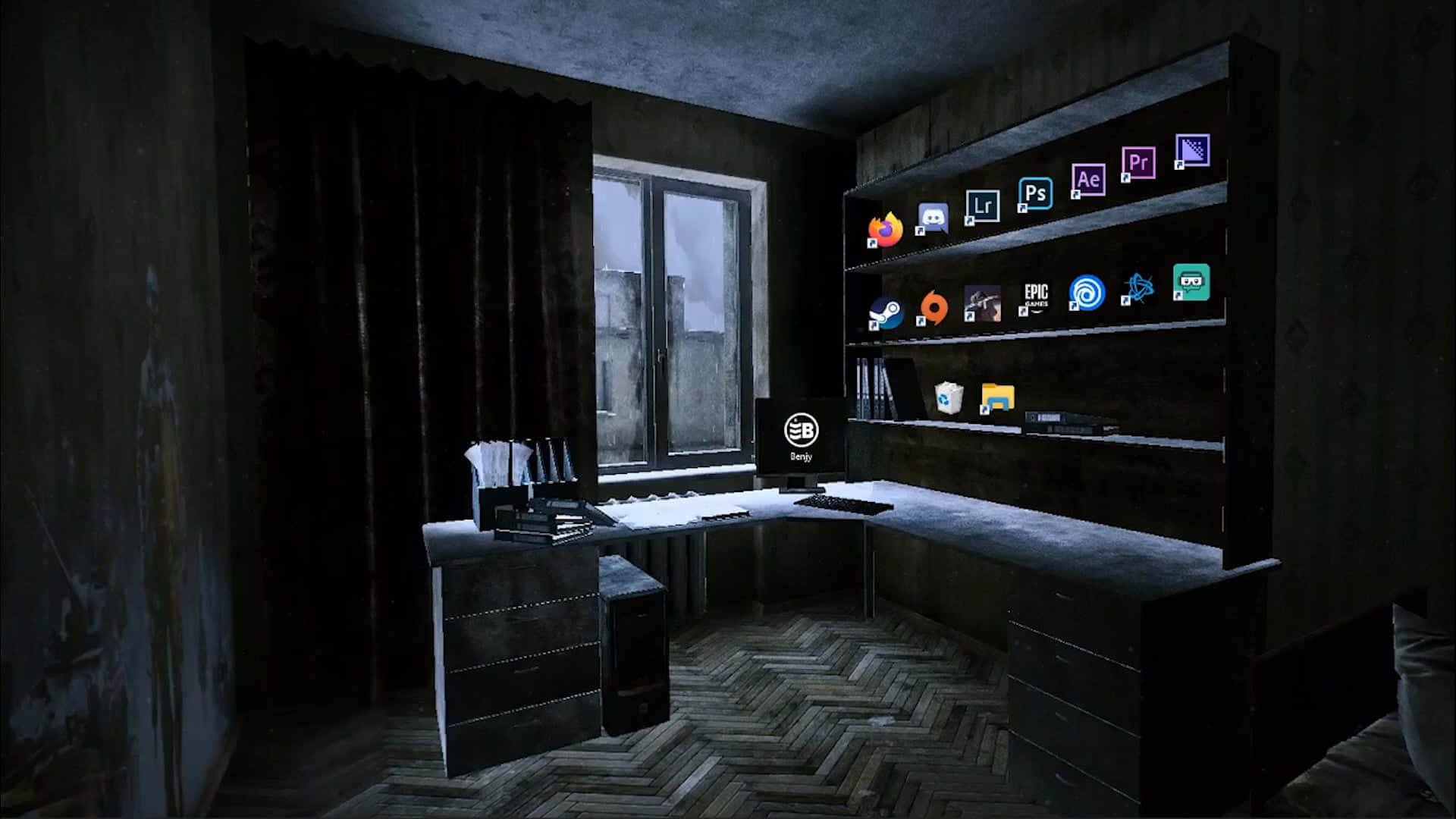 A Room With Desk And Shelves Wallpaper