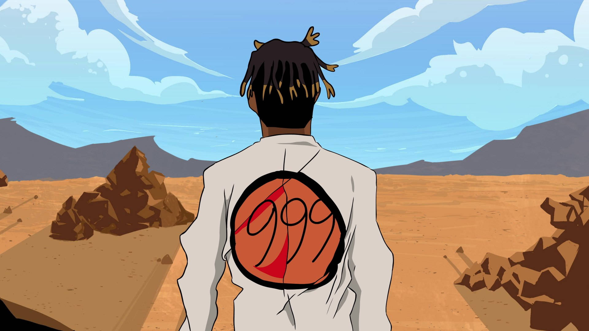 Juice WRLD 4k Wallpaper: Anime-style illustration of Juice WRLD walking through a desert landscape, featuring the 999 logo on his back