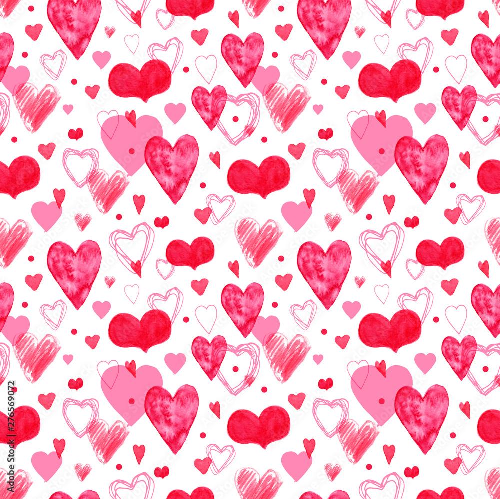 Seamless Pattern With Beautiful Hand Drawn Watercolor Pink Hearts