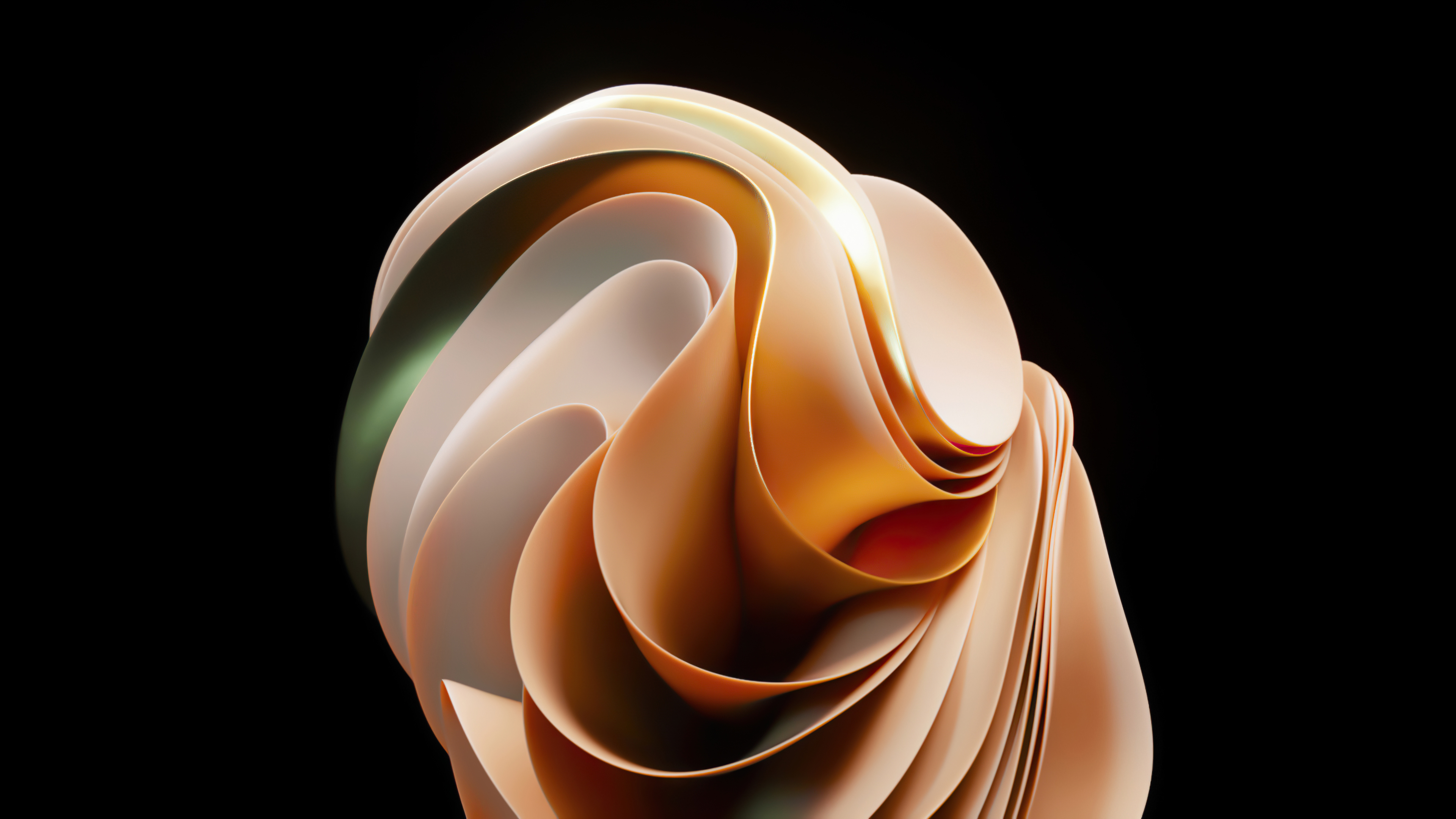 Abstract 4K wallpaper with swirling layers of peach, gold, and green on a black background