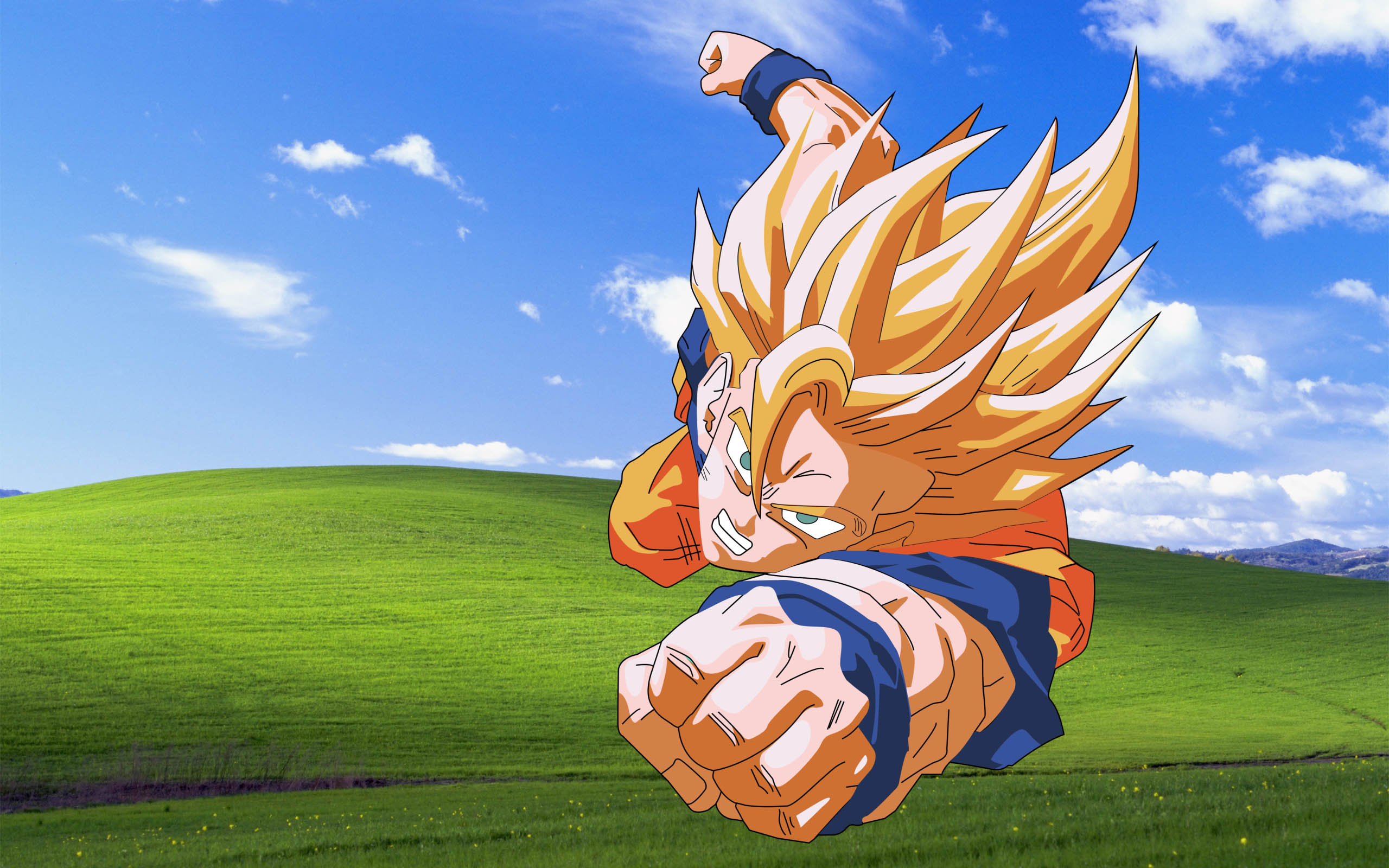 Goku Super Saiyan flying over a green hill, Dragon Ball Z wallpaper