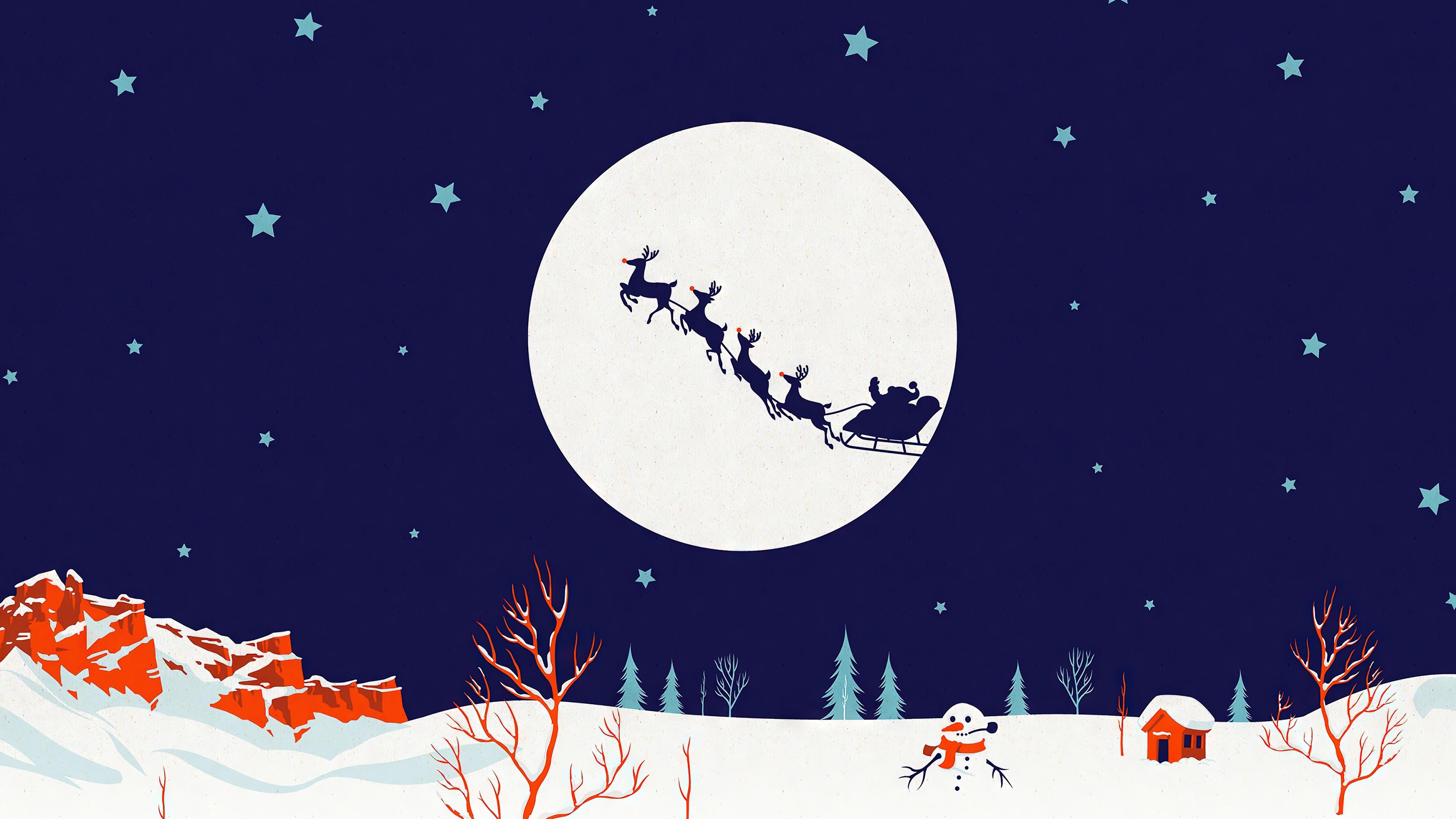 Christmas Santa Claus Sleigh Reindeer Moon 4k Wallpaper iPhone HD