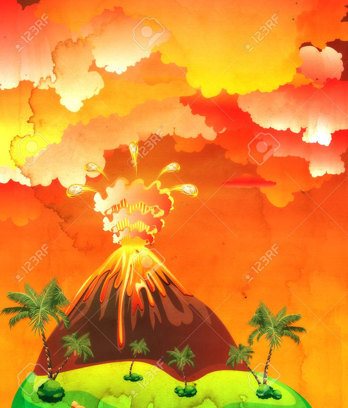 Illustration Of Cartoon Volcano Eruption With Hot Lava Grunge