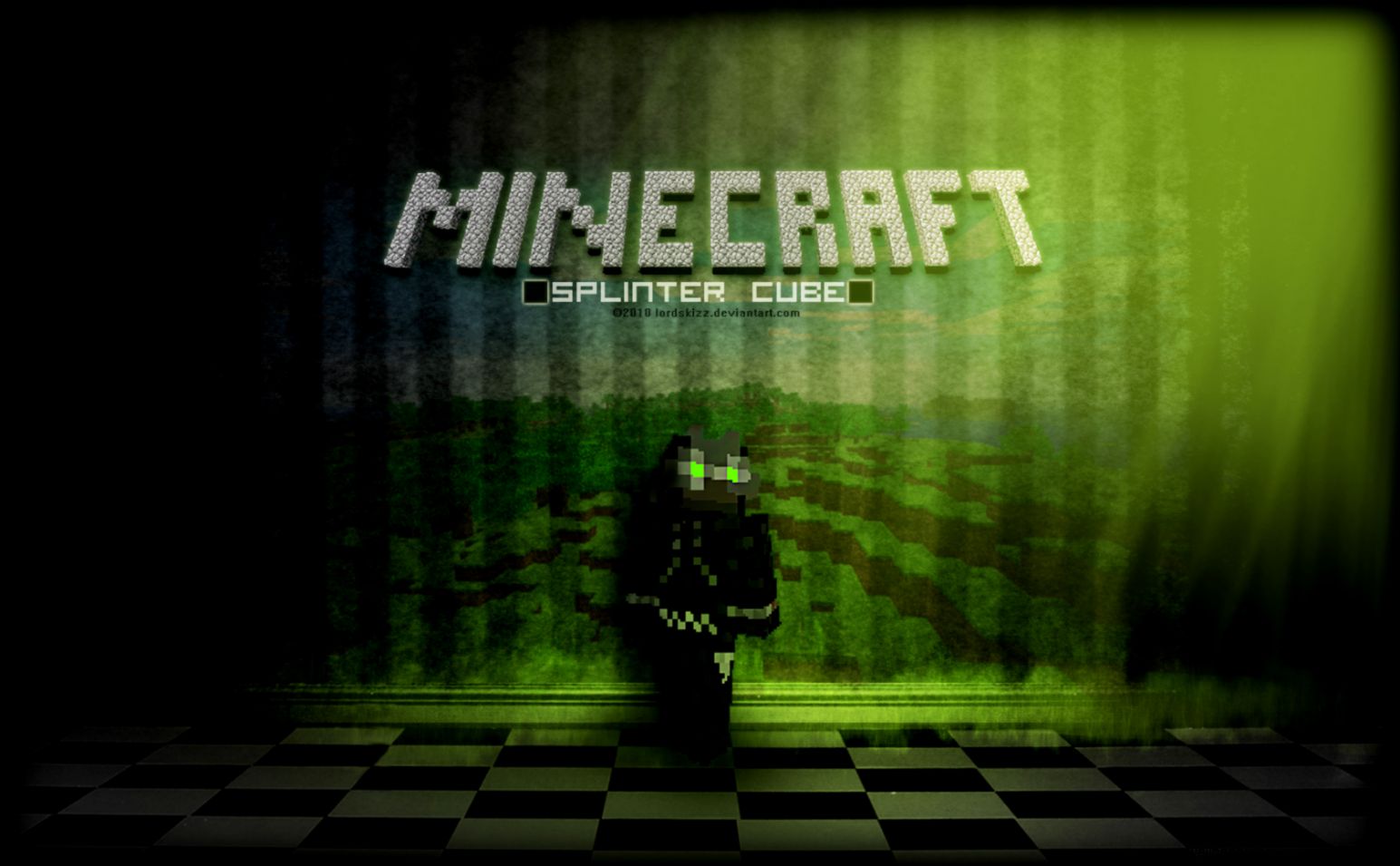 A humorous Minecraft wallpaper featuring a pixelated figure against a backdrop of a checkered floor and a Minecraft landscape