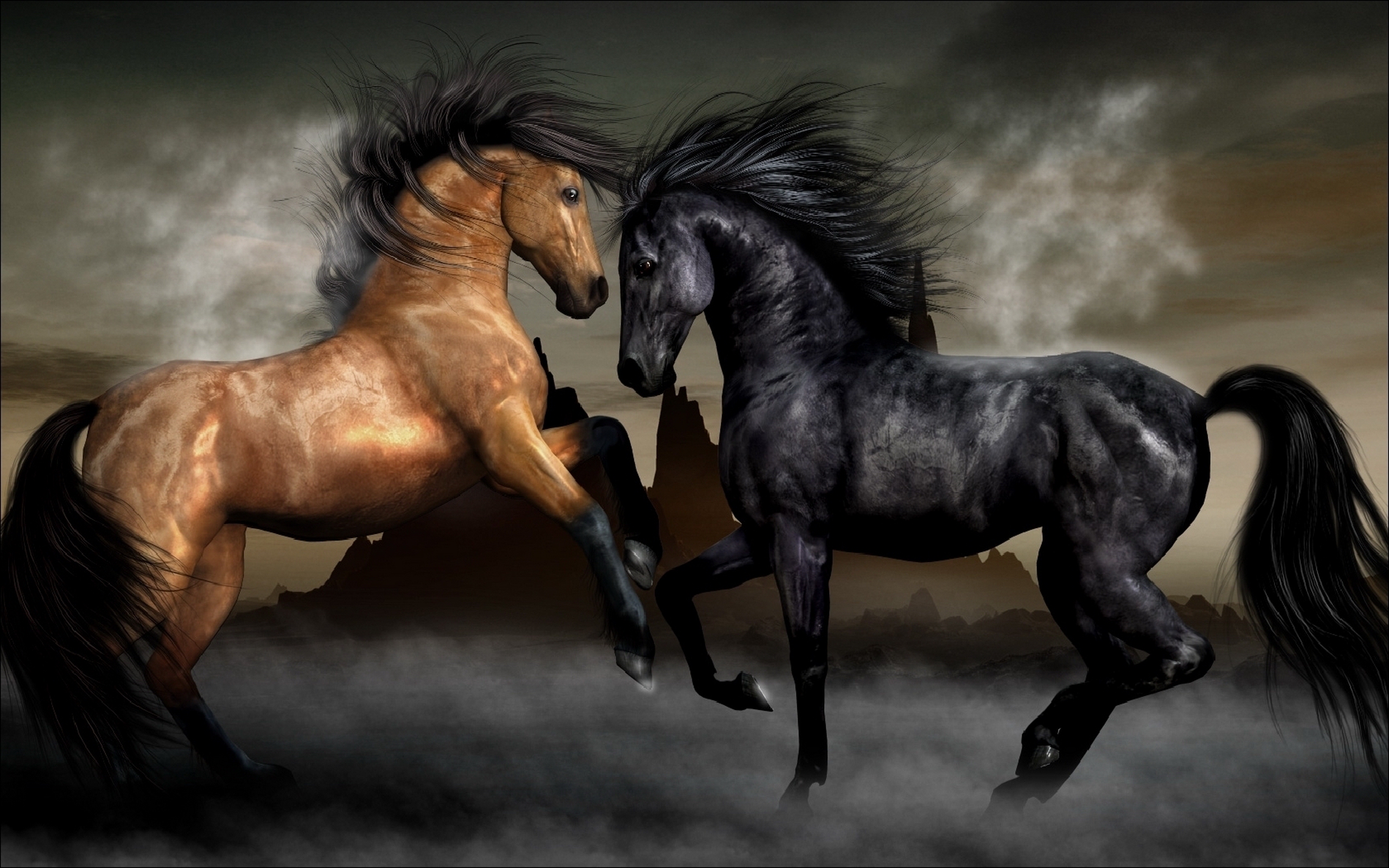 Two majestic horses, one light brown and one black, with flowing manes and tails, rear up in a dynamic pose amidst a misty landscape