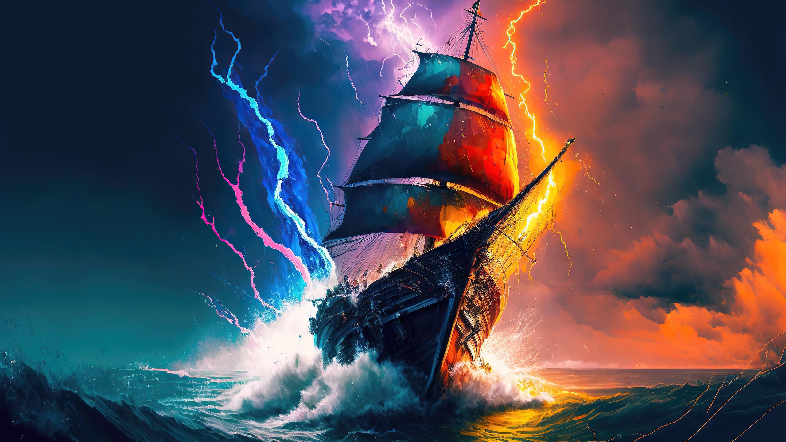 Ocean Ship Colorful Lightning 4k Wallpaper iPhone HD Phone 110i