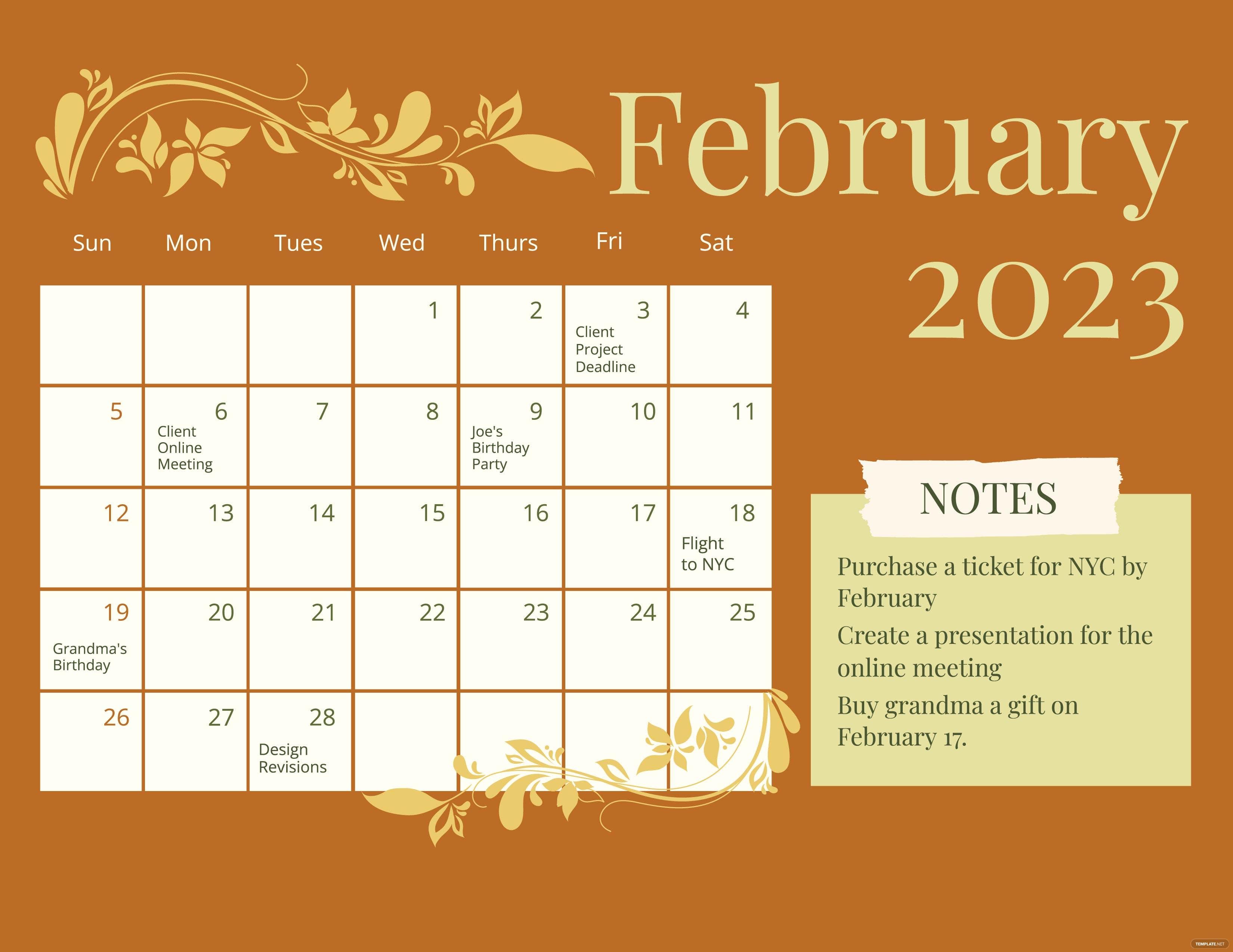 Free Fancy February 2023 Calendar   Google Docs Illustrator Word