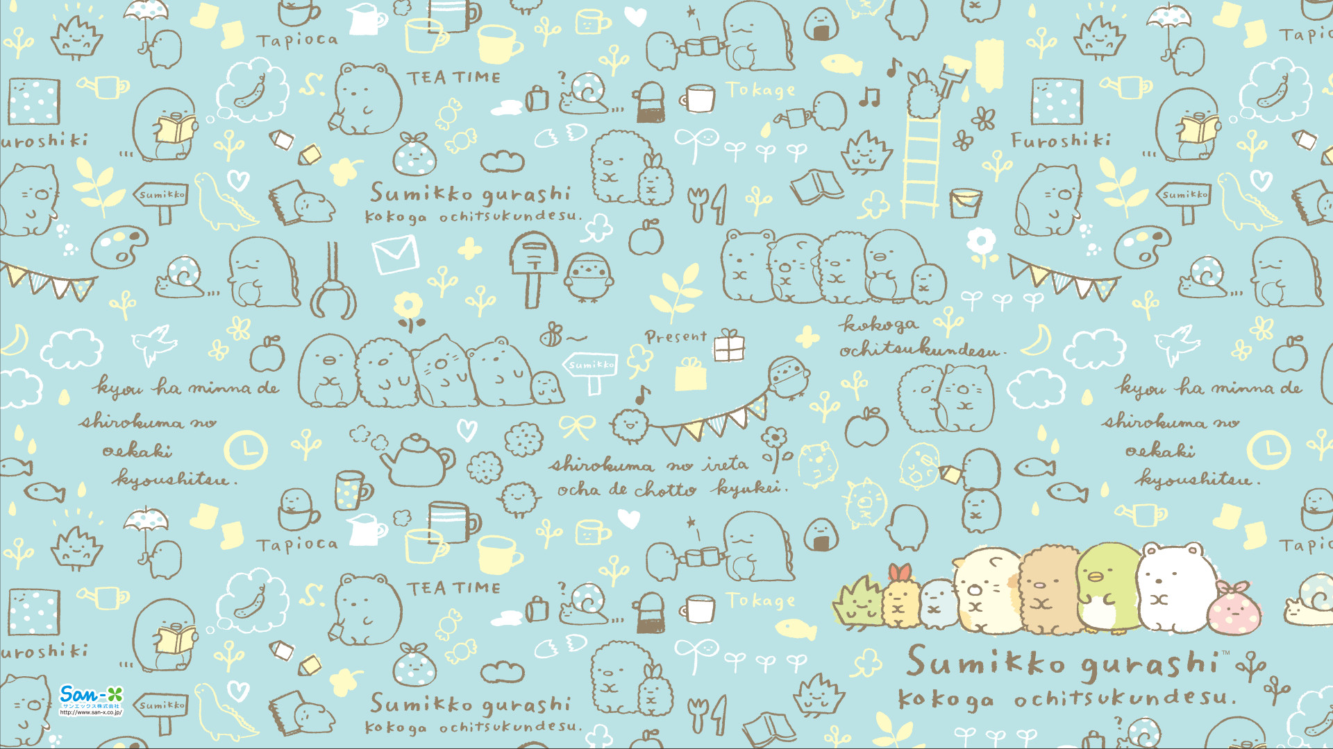 A cute, pastel blue wallpaper featuring Sumikko Gurashi characters and doodles