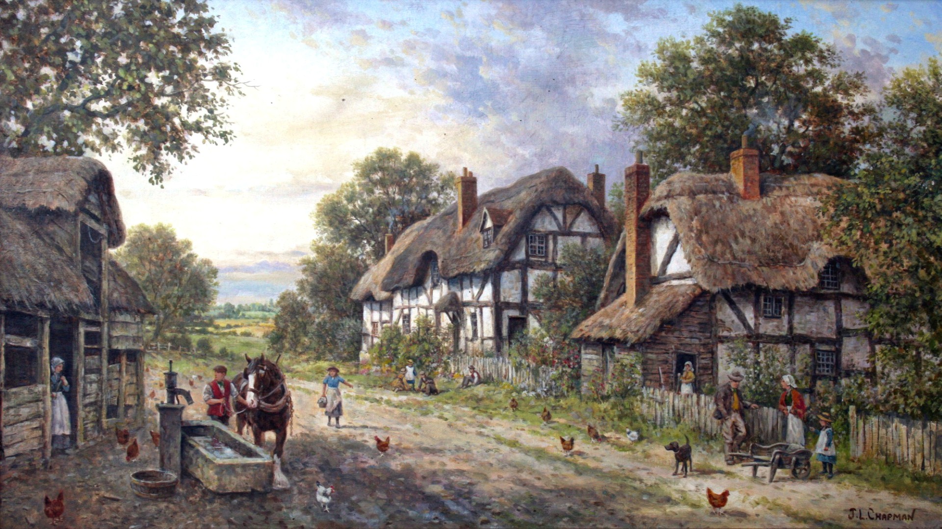 Thatched Cottage Village Wallpaper