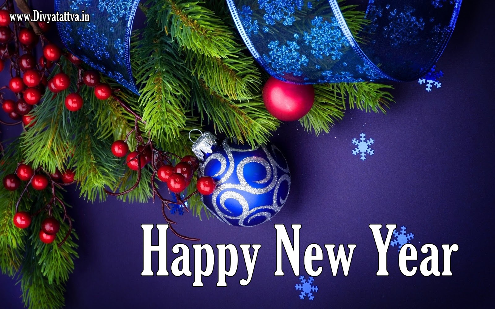Happy New Year greeting with blue and red ornaments and pine branches on a purple background