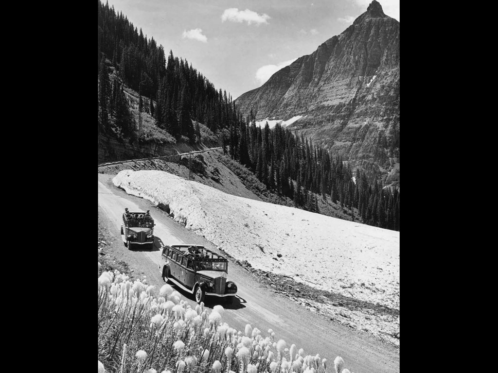 1930s White Glacier National Park Red Bus Mountains