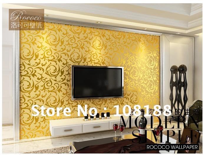 Shipping Damask Flock Velvet Textured Gold Beige Flocking Wallpaper