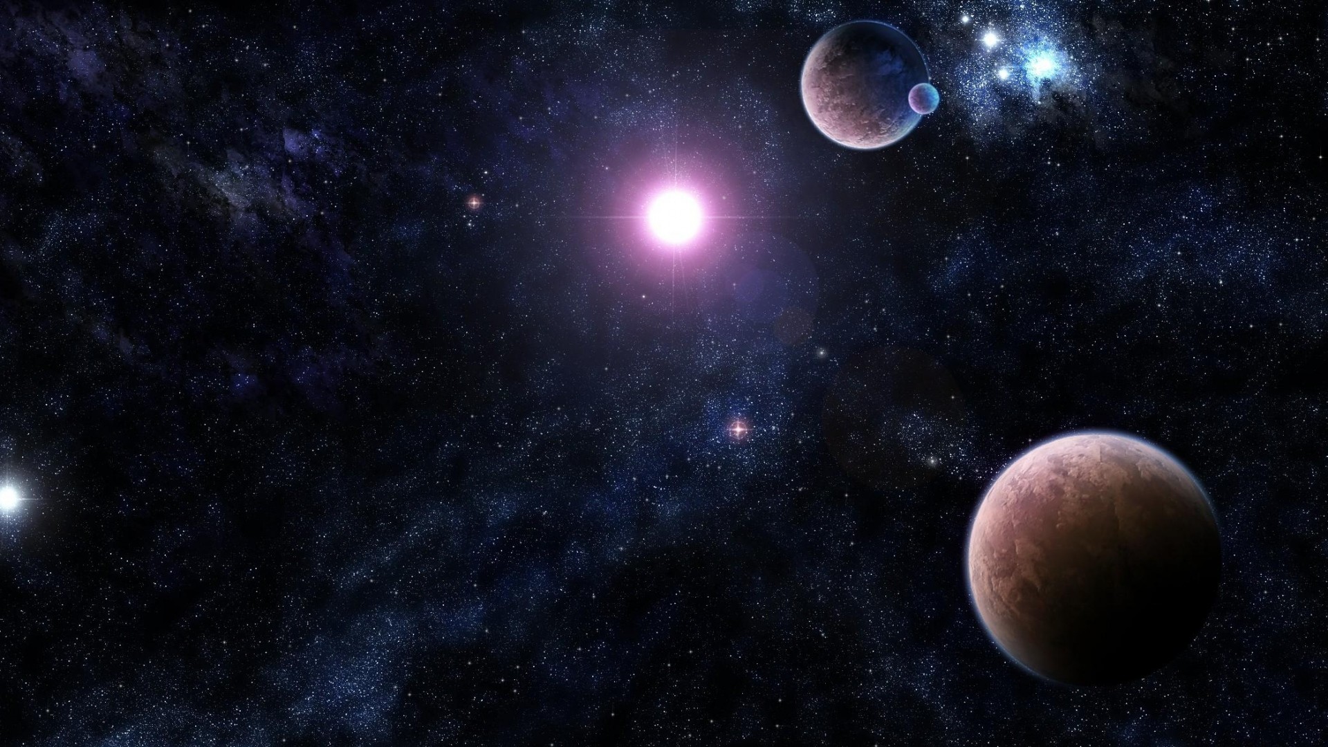A breathtaking view of deep space, featuring a bright central star, two distinct planets, and a backdrop of countless twinkling stars and nebulae