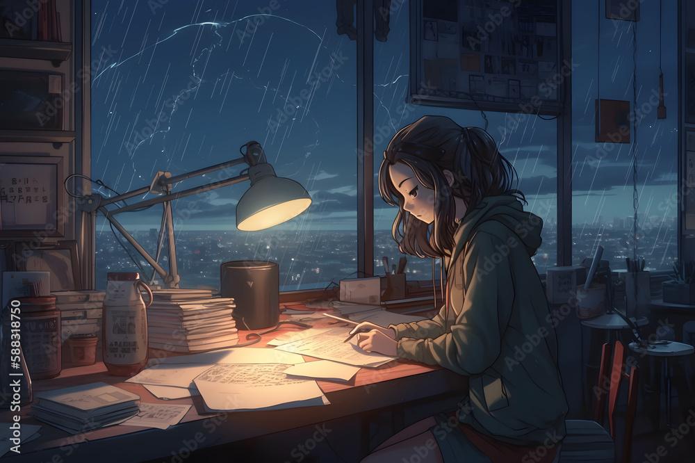 Cool Lofi Girl Studying At Her Desk Rainy Or Cloudy Outside