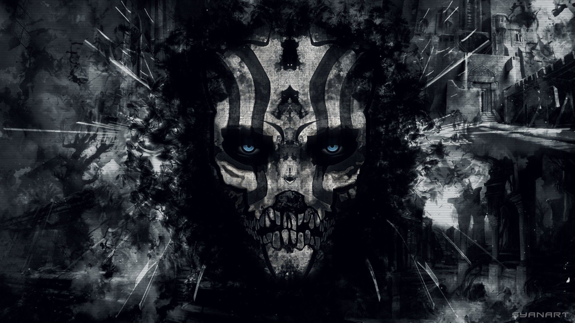 A dark, stylized skull with glowing blue eyes against a backdrop of a decaying cityscape, perfect for a desktop wallpaper