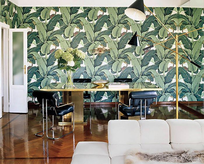 Beverly Hills banana leaf wallpaper Peach green grey Pinterest