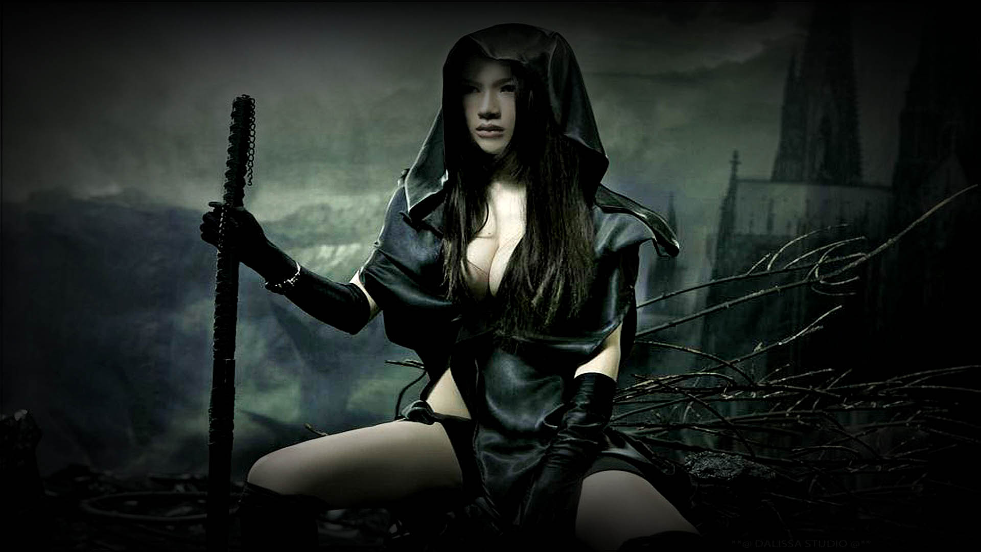 Fantasy Women Warrior Cleacage Hot Sword Gothic M Rk Bakgrund