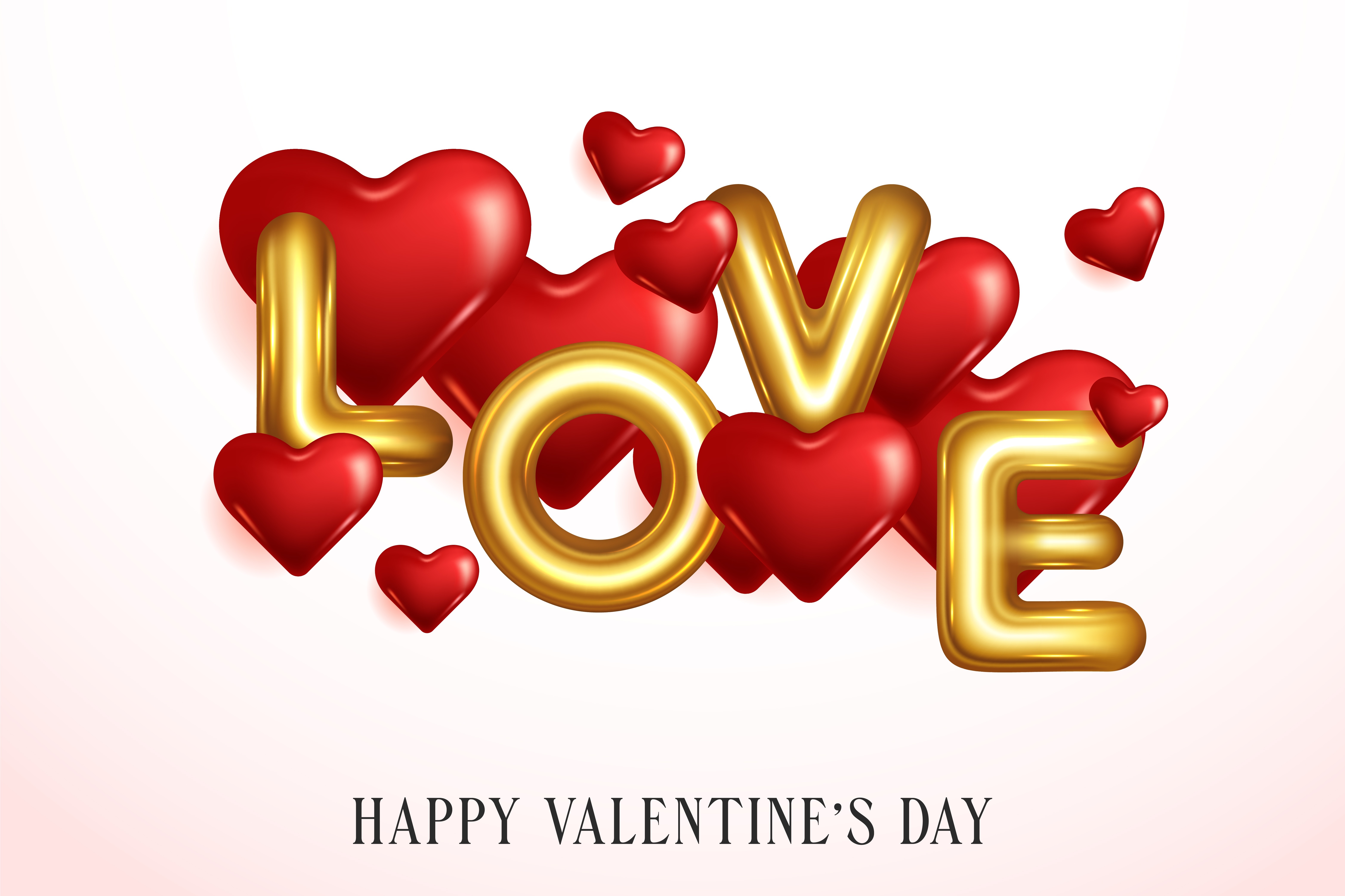 3D rendering of 'LOVE' made with golden letters and red hearts for Valentine's Day celebration