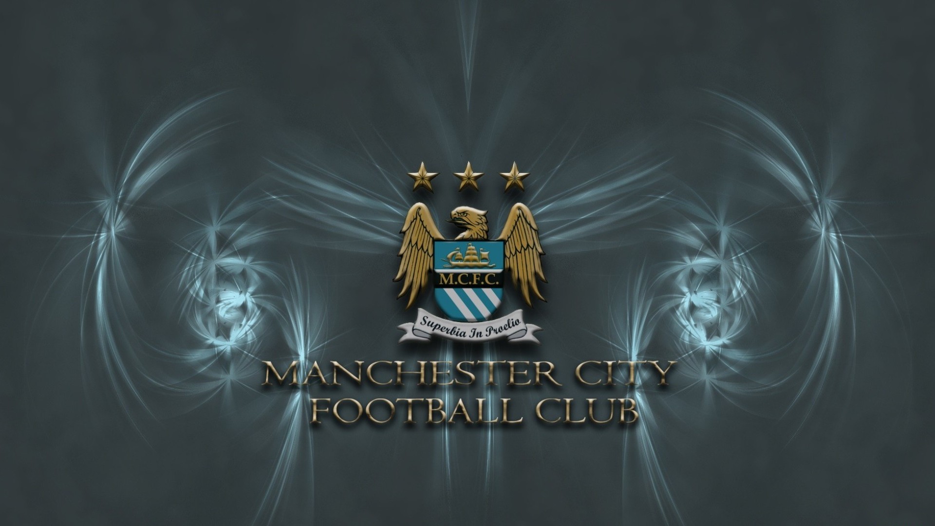 Manchester City FC logo wallpaper with a dark background and swirling light effect