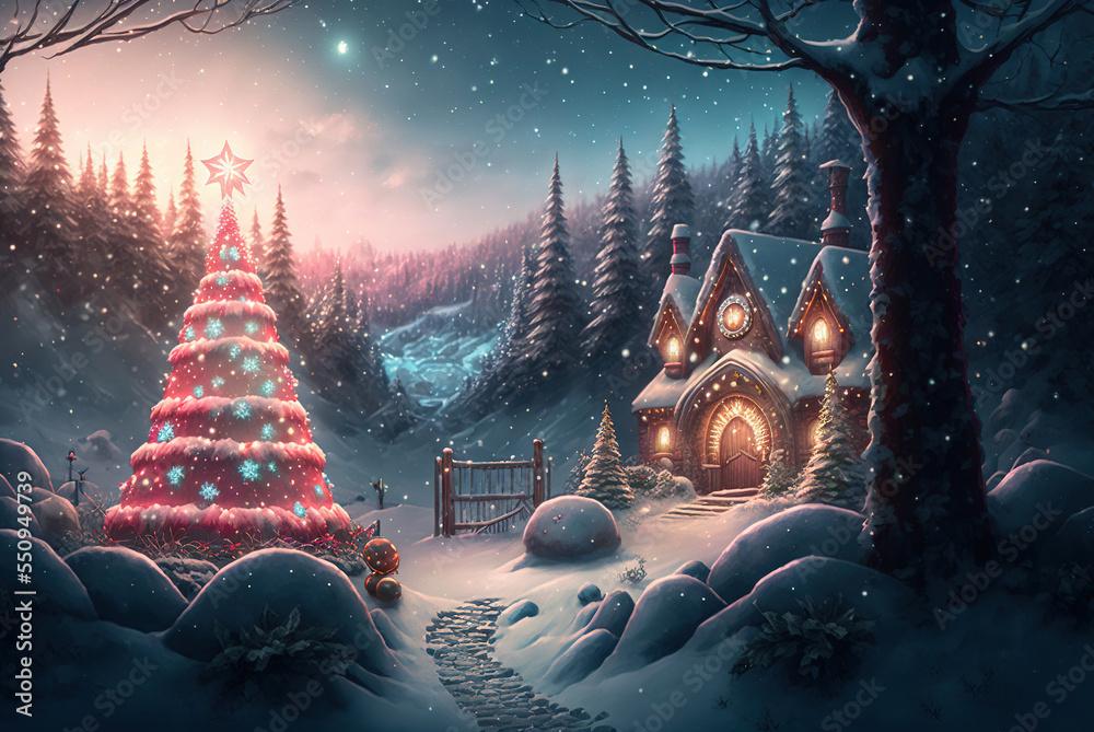 A beautiful Merry Christmas themed festive night scene in winter