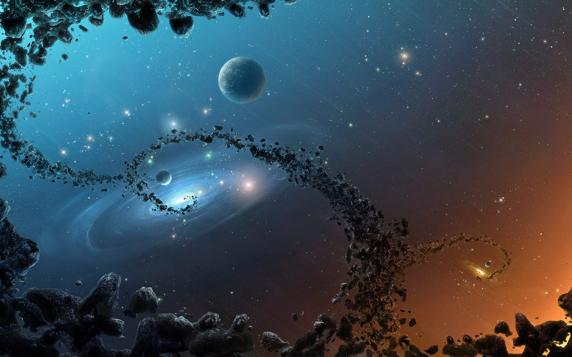 A breathtaking panoramic view of outer space, featuring swirling nebulae, distant planets, and a dramatic asteroid field