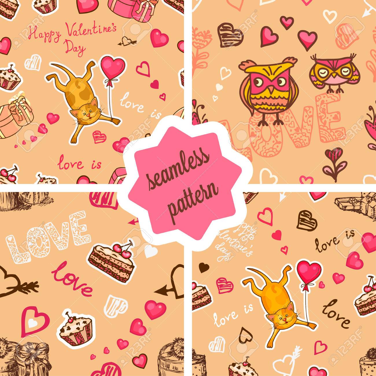 Set Of Seamless Valentine Background With Cute Cat And Owls