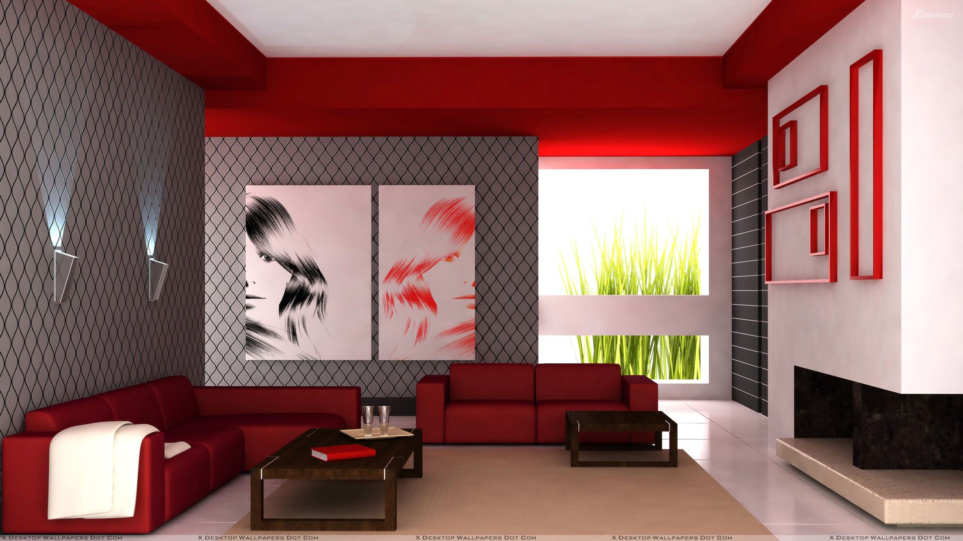 Red Sofa And Colorful Background In Guest Room Wallpaper