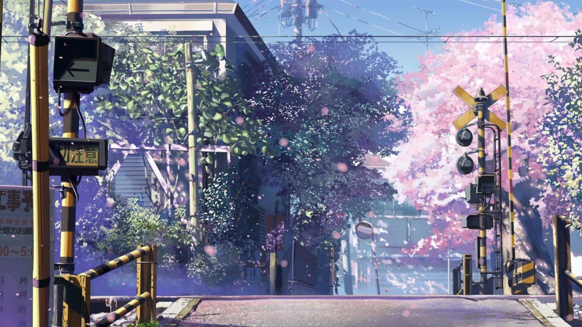 Blue Anime Aesthetic Desktop City Road Cherry Blossoms