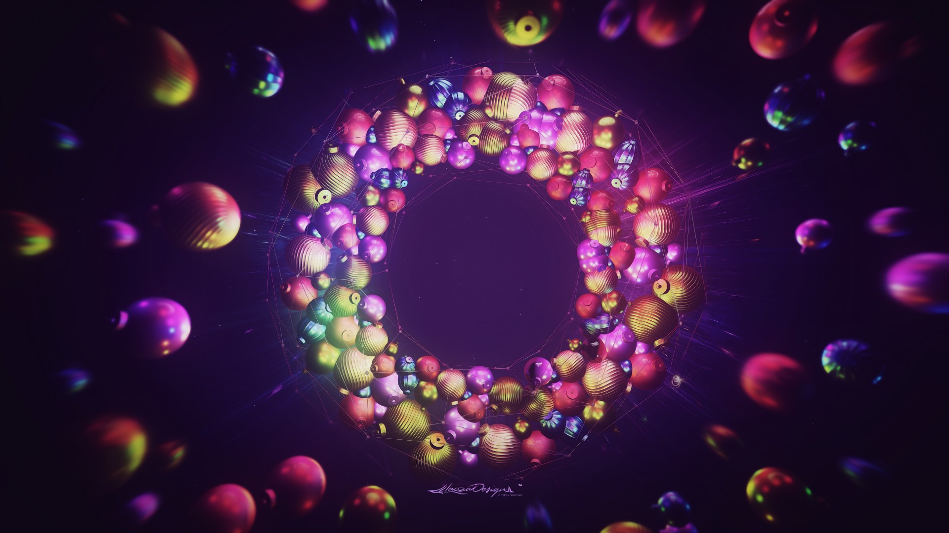 Colorful 3d Christmas Balls On Purple Background HD