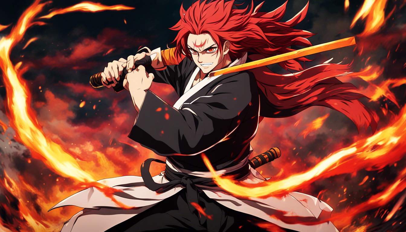 A Stunning HD Wallpaper Featuring The Fierce And Heroic Kyojuro Rengoku From Popular Anime Series Demon Slayer Show Off His Vibrant Fiery Red Hair Powerful Posture Determination In Battle Set Against Dynamic Eye Catching Background That Captures Essence Of Unique Character Let Your Creativity Shine Bring This Beloved To Life Breathtaking Digital Masterpiece