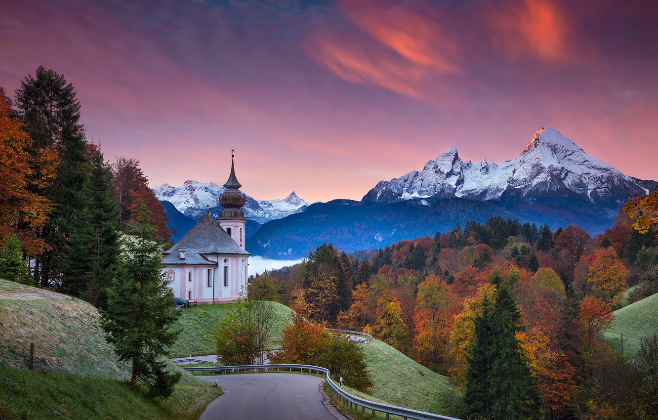 Wallpaper Road Autumn Trees Sunset Germany Bayern Church
