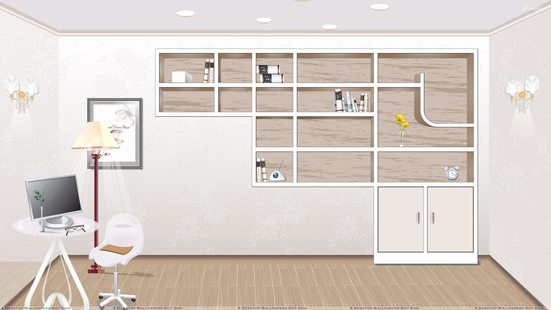 Desk And Shelves Desktop Wallpaper