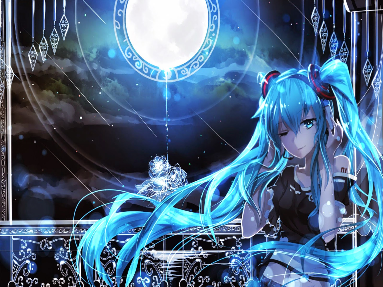 Anime girl with glowing blue hair listening to music under the moon, digital art, anime background