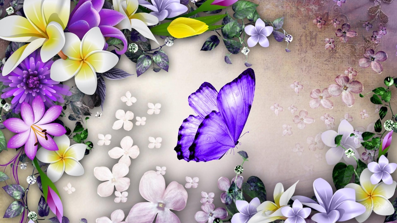Purple Butterfly And Flowers Collage Wallpaper In Other