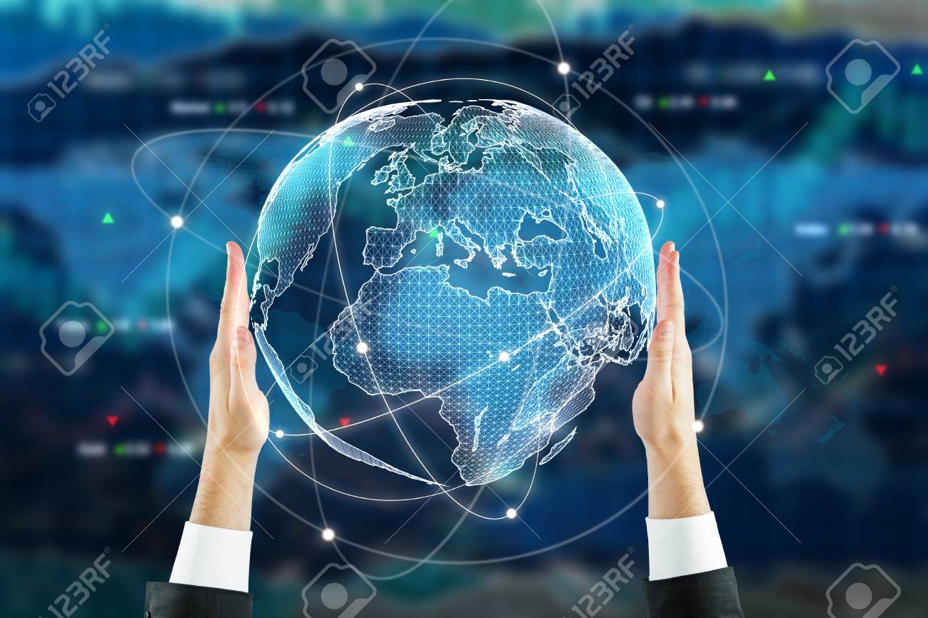 Businessman Holding Digital Globe On Forex Background Stock