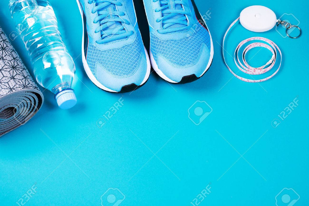 Fitness Background Made Of Sneakers Bottled Water Mat And