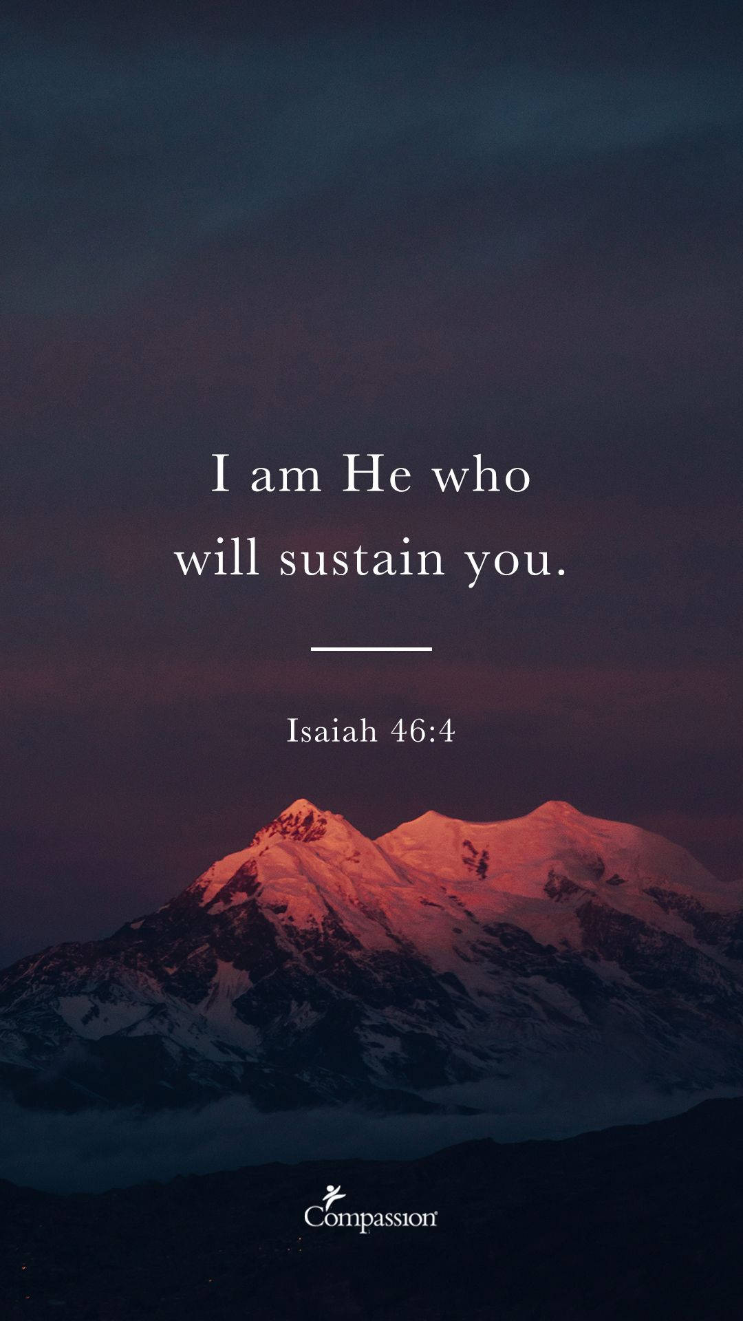 A majestic snow-capped mountain bathed in the warm glow of sunset, with the Bible verse from Isaiah 46:4, 