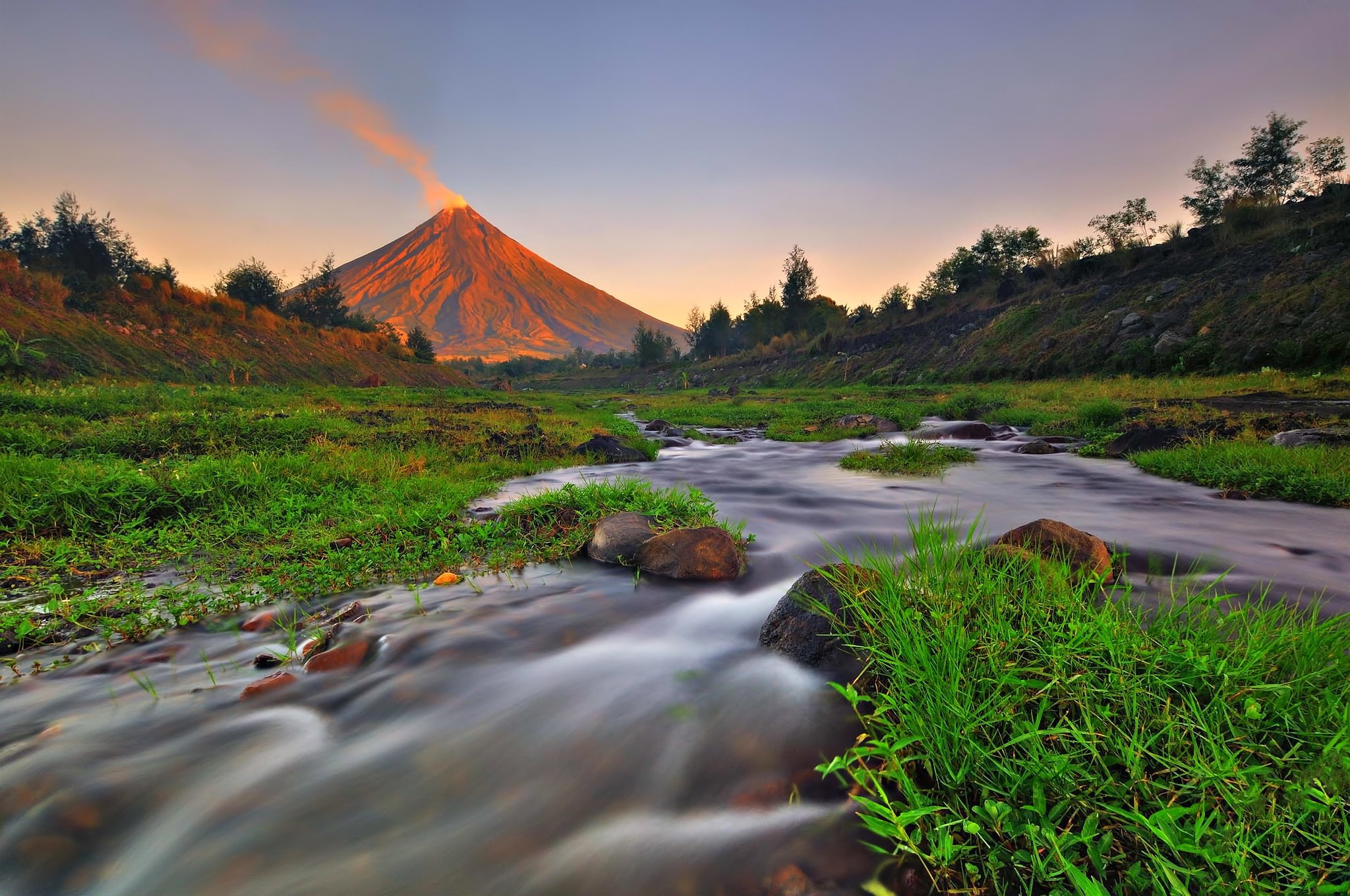 Mayon Mountain Grass Volcanolandscape River Volcano Nature