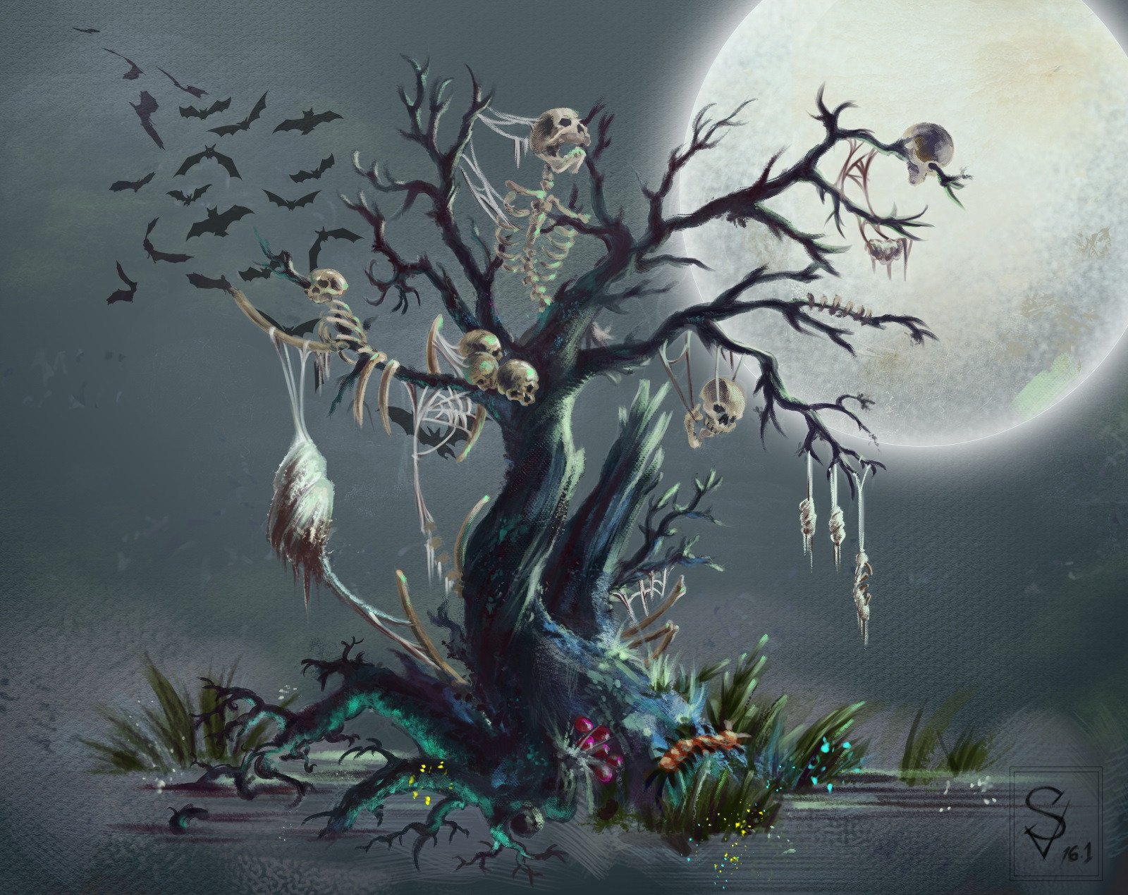 Tree Skeleton Dark Horror Halloween Wallpaper