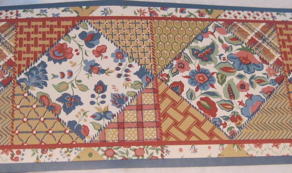 Wallpaper Border Country Sampler Patchwork Quilt Blue Trim 25301b Tan