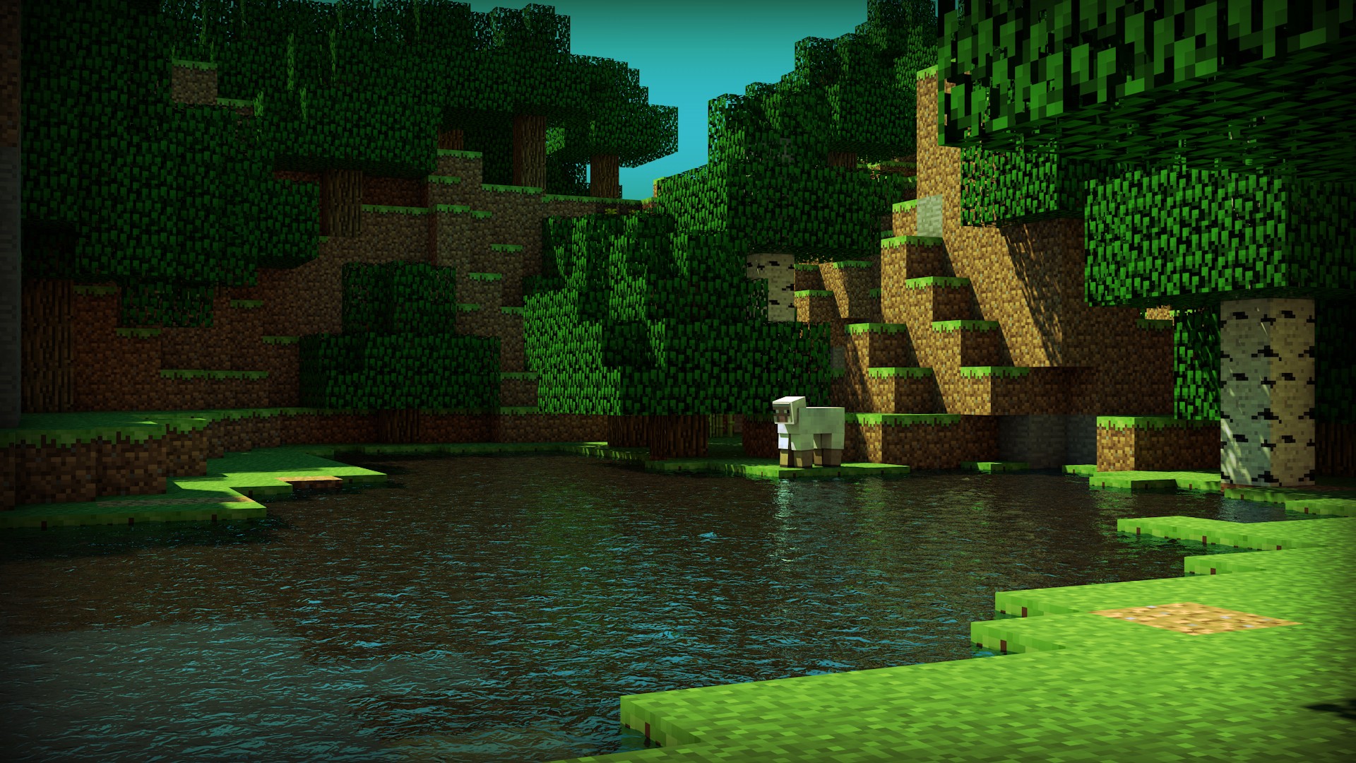 water trees sheep Minecraft skyscapes cinema 4d terrain tapeta renders
