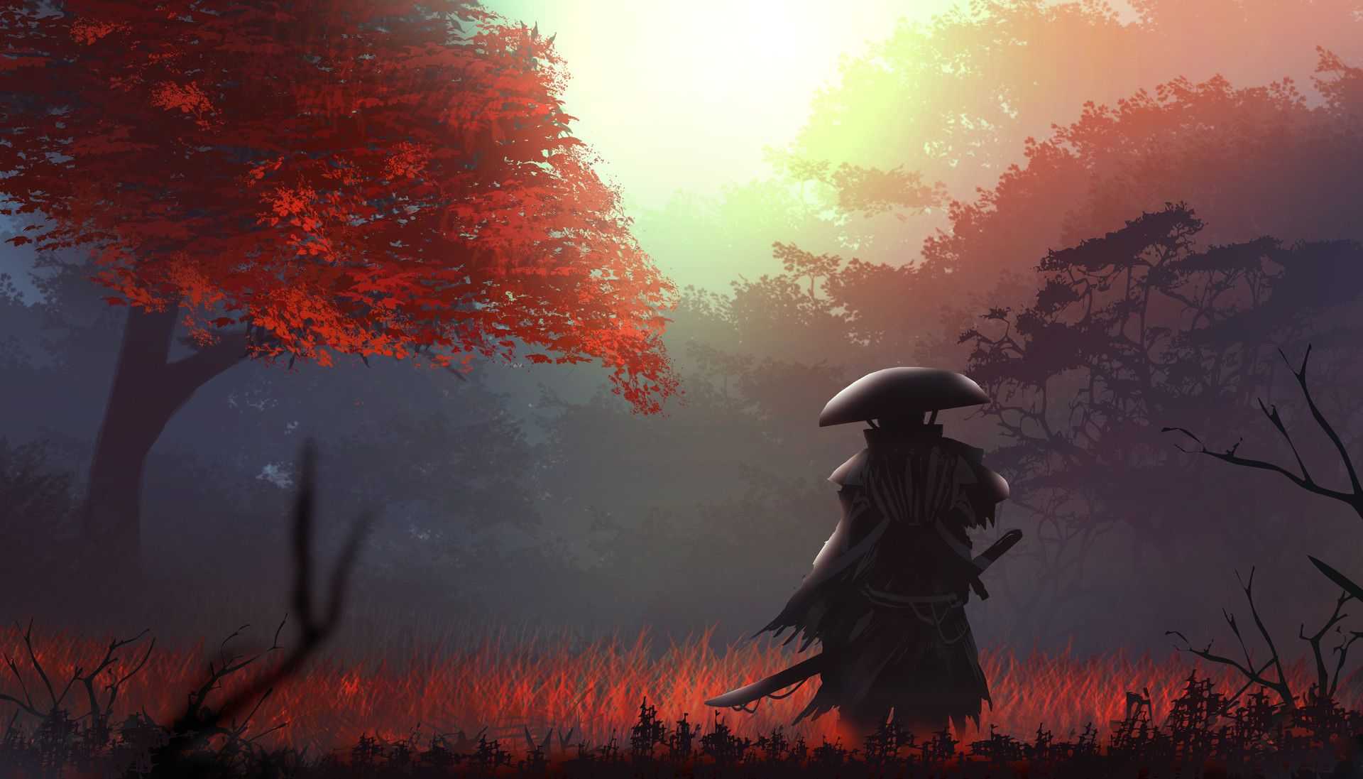 A lone samurai stands amidst a field of red grass, a vibrant red tree in the background, evoking a sense of serenity and strength